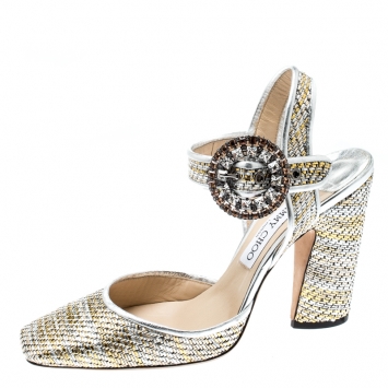 Pre Owned Jimmy Choo Metallic Silver/Gold Woven Crystal Embellished Buckle Ankle Strap Block Heel Sandals Size 40