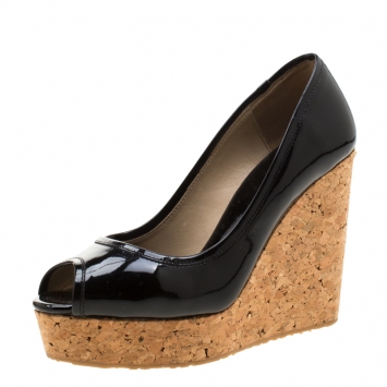 Pre Owned Jimmy Choo Black Patent Papina Open Toe Cork Wedge Pumps Size 37