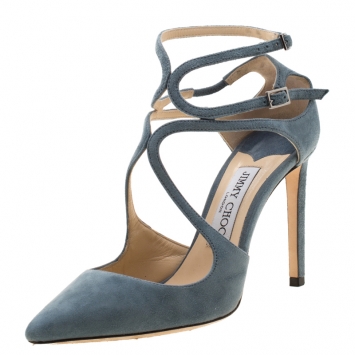 Pre Owned Jimmy Choo Grey Suede Cross Ankle Strap Pointed Toe Sandals Size 36.5