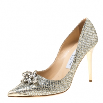 Pre Owned Jimmy Choo Metallic Gold Glitter And Lace Dempsey Embellished Pointed Toe Pumps Size 37