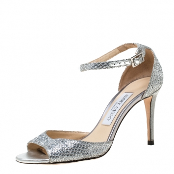Pre Owned Jimmy Choo Silver Glitter Leather Misty Ankle Strap Sandals Size 36