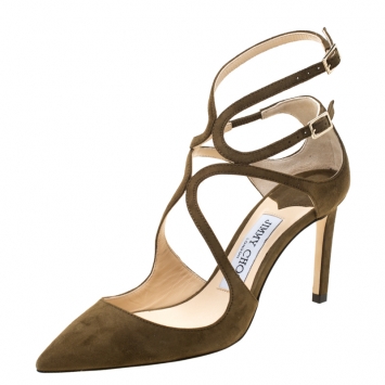 Pre Owned Jimmy Choo Olive Green Suede Lancer 85 Pointed Toe Sandals Size 35