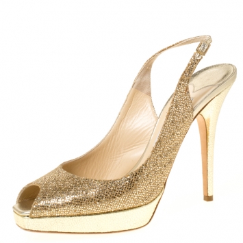 Pre Owned Jimmy Choo Gold Glitter Fabric Nova Peep Toe Platform Slingback Sandals Size 39.5