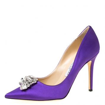 Pre Owned Jimmy Choo Exclusive Collection Purple Satin Manda Crystal Embellished Pointed Toe Pumps Size 36.5