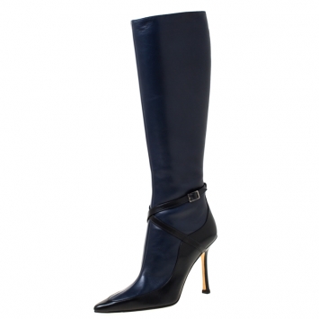 Pre Owned Jimmy Choo Navy Bue/Black Leather Zipped Knee Length Boots Size 37