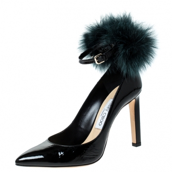 Pre Owned Jimmy Choo Black Patent Leather South Pom Pom Pointed Toe Pumps Size 37.5