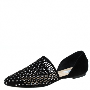 Pre Owned Jimmy Choo Black Laser Cut Suede Star Embellished Globe Flats Size 38.5