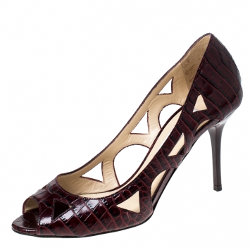 Pre Owned Jimmy Choo Burgundy Croc Embossed Leather Eternal Cut Out Peep Toe Pumps Size 36