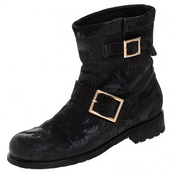 Pre Owned Jimmy Choo Black Suede Youth Buckle Detail Biker Boots Size 37.5