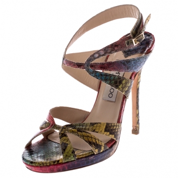 Pre Owned Jimmy Choo Multicolor Python Ankle Straps Open Toe Sandals Size 37