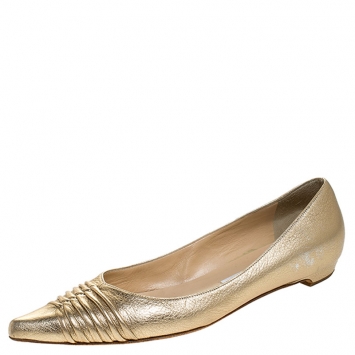 Pre Owned Jimmy Choo Metallic Gold Leather Pointed Ballet Flats Size 38.5