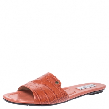 Pre Owned Jimmy Choo Dark Orange Croc Embossed Leather Nanda Flat Slides Size 39