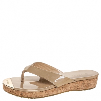 Pre Owned Jimmy Choo Beige Patent Leather 'Pence' Cork Wedge Thong Sandals Size 36