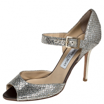 Pre Owned Jimmy Choo Silver/Gold Glitter Fabric Mary Jane Pumps Size 37.5