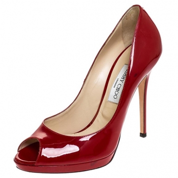 Pre Owned Jimmy Choo Red Patent Leather Luna Peep Toe Platform Pumps Size 41