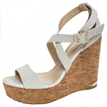 Pre Owned Jimmy Choo White Woven Leather Portia Cork Wedge Platform Ankle Strap Sandals Size 36.5
