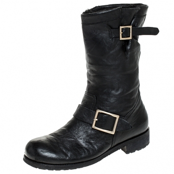 Pre Owned Jimmy Choo Black Leather Youth Biker Mid Calf Boots Size 38