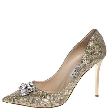 Pre Owned Jimmy Choo Metallic Gold Lamè Glitter Fabric Mamey Crystal Embellished Pointed Toe Pumps Size 41