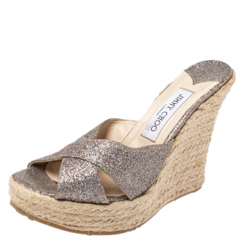 Pre Owned Jimmy Choo Multicolor Glitter Phyllis Cross Strap Espadrille Wedges Sandals Size 39