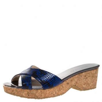 Pre Owned Jimmy Choo Black/Blue Python Embossed Leather Panna Cork Slides Size 39