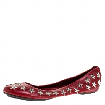 Pre Owned Jimmy Choo Red Leather Windsor Star Embellished Ballet Flat Size 39