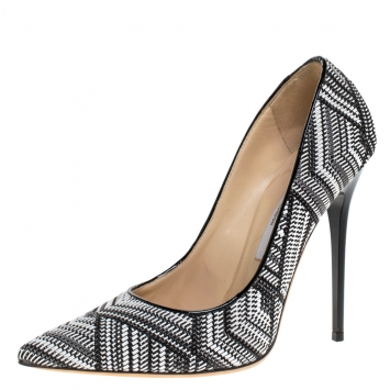 Pre Owned Jimmy Choo Black/White Geometric Print Woven Fabric Abel Pumps Size 38.5