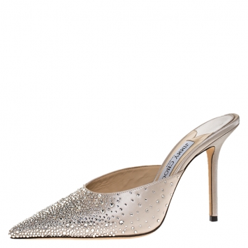 Pre Owned Jimmy Choo Beige Crystal Embellished Satin Rav 100 Pointed Toe Sandals Size 38.5