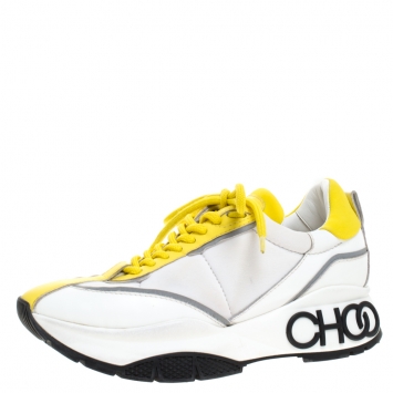 Pre Owned Jimmy Choo White/Yellow Leather And Neoprene Raine Sneakers Size 38