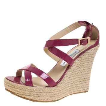 Pre Owned Jimmy Choo Dark Pink Patent Leather Porto Espadrille Wedge Sandals Size 39.5