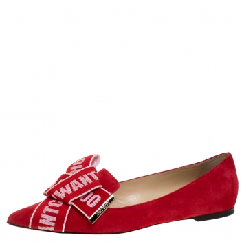 Pre Owned Jimmy Choo Red Suede Logo Bow Gleam Pointed Ballet Flats Size 39
