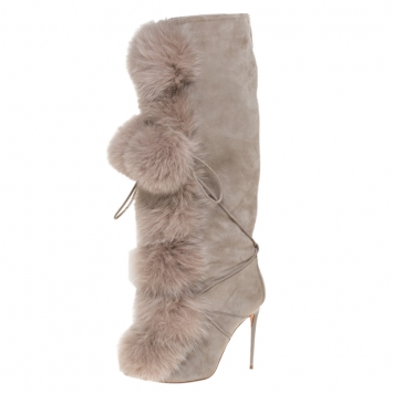 Pre Owned Jimmy Choo Grey Suede And Fox Fur Deeta 110 Knee Length Boots Size 40
