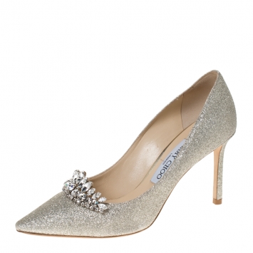 Pre Owned Jimmy Choo Gold Glitter Crystal Embellished Romy Pointed Toe Pumps Size 37
