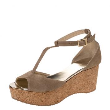 Pre Owned Jimmy Choo Beige Suede Pela Cork Wedge Ankle Strap Platform Sandals Size 41