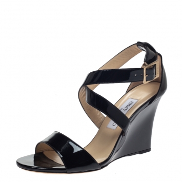 Pre Owned Jimmy Choo Black Patent Leather Fearne Cross Strap Wedge Sandals Size 38