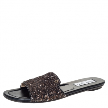 Pre Owned Jimmy Choo Metallic Brown Coarse Glitter Nanda Flat Slides Size 39