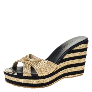 Pre Owned Jimmy Choo Black/Metallic Gold Woven Thread Pandora Cork Wedges Size 39