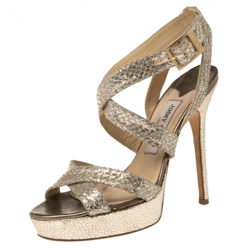 Pre Owned Jimmy Choo Gold/Silver Glitter Vamp Strappy Platform Sandals Size 36.5