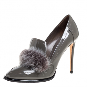 Pre Owned Jimmy Choo Grey Patent Leather And Mink Fur Trim Lyza Loafer Pump Size 37.5