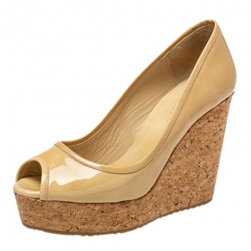 Pre Owned Jimmy Choo Beige Patent Leather Papina Wedge Pumps Size 38