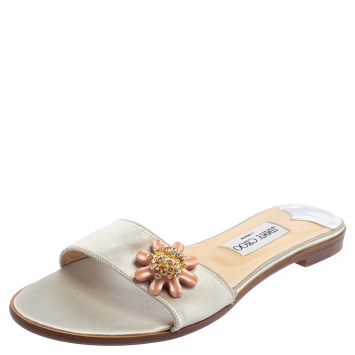Pre Owned Jimmy Choo Grey Satin Embellished Flat Slides Size 39