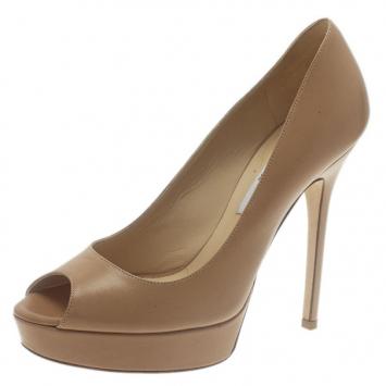 Pre Owned Jimmy Choo Beige Leather Crown Peep Toe Platform Pumps Size 37