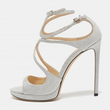 Pre Owned Jimmy Choo Silver Glitter Lance Platform Sandals Size 38.5