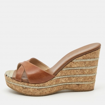 Pre Owned Jimmy Choo Brown Leather Prima Wedge Sandals Size 38