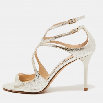 Pre Owned Jimmy Choo Silver Leather Ivette Ankle Strap Sandals Size 37