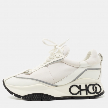 Pre Owned Jimmy Choo White Leather and Neoprene Raine Sneakers Size 37