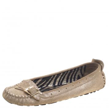Pre Owned Jimmy Choo Gold Metallic Studded Leather Loafers Size 41