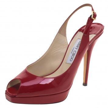 Pre Owned Jimmy Choo Red Patent Leather Clue Peep Toe Slingback Sandals Size 38