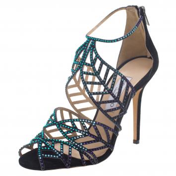 Pre Owned Jimmy Choo Black Multicolor Crystal Embellished Suede Kallai Leaf Sandals Size 40