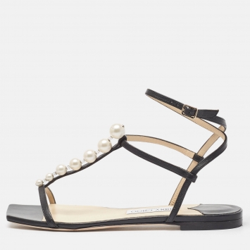 Pre Owned Jimmy Choo Black Leather Flat Slides Size 39