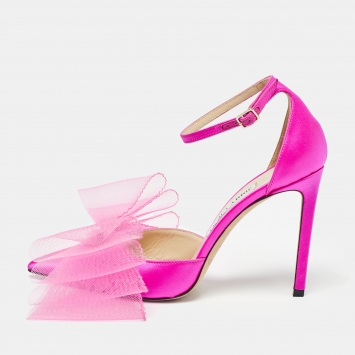 Pre Owned Jimmy Choo Pink Satin Bow Ankle Strap Pumps Size 38.5